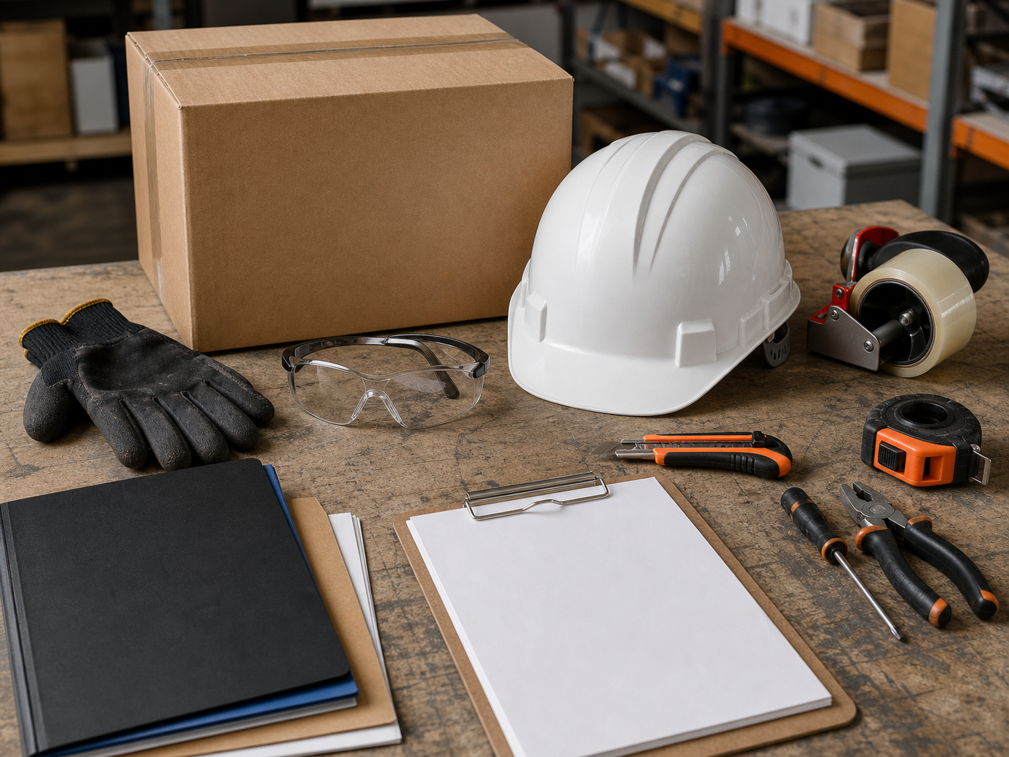 Caja, casco, guantes, lentes, herramienta y documentos de compra para suministros empresariales